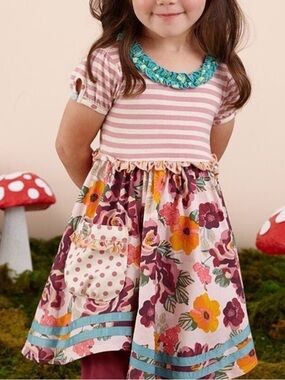 Matilda Jane Pink Striped Floral Ruffle Dress with Teal Trim